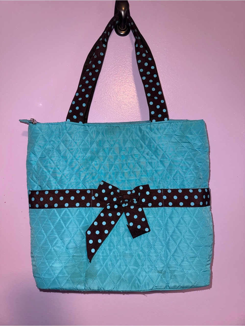 Turquoise Quilted Tote with Polka Dot Bow Accent